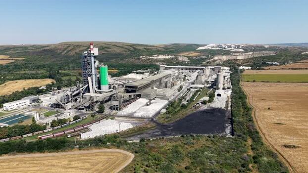Aerial view of a large industrial cement plant in Devnya Bulgaria.