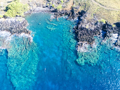 Aerial view of Mahukona Beach Park with crystal clear turquoise waters rugged volcanic rock formations and sparse coastal vegetation in Waimea Hawaii United States.
