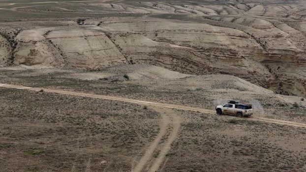 Aerial view of off road vehicle in Bozjyra Kazakhstan.