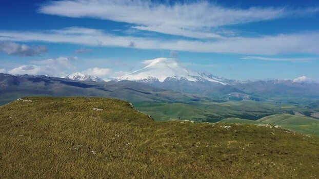 Aerial view of Bermamyt plateau and Mount Elbrus Russia.