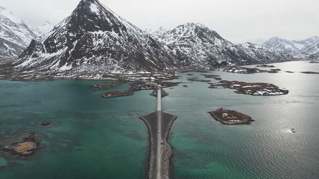 Aerial view of Flakstadbruene bridge Norway.