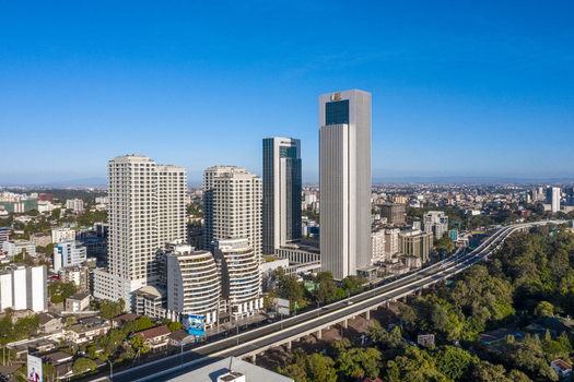 Aerial view of the modern skyscrapers and the elevated highway in the Westlands district of Nairobi Nairobi County Kenya. Aerial view of the modern skyscrapers and the elevated highway in the Westlands district of Nairobi Nairobi County Kenya.