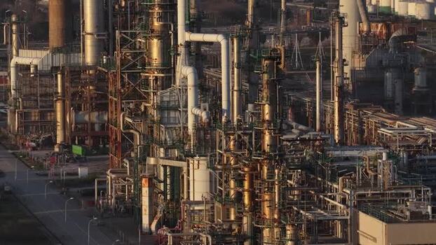 Aerial view of oil refinery at sunset Portugal.