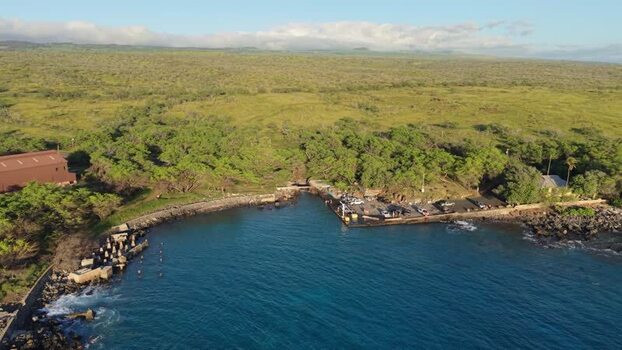 Aerial view of Mahukona Beach Park and the rocky coastline United States.