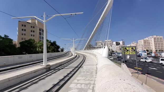 View of the Chords Bridge and light rail tracks in Jerusalem Israel.
