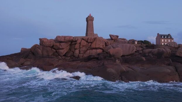 Aerial view of Phare de Men Ruz lighthouse in France.