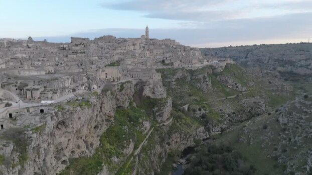Aerial view of Sassi di Matera historic stone dwellings Italy.