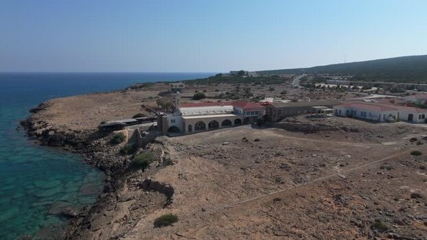 Aerial view of coastal monastery in Famagusta Northern Cyprus.