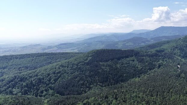 Aerial view of forested hills and mountains near Selestat France.