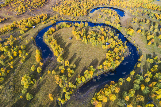 Aerial view of the Ljusnan river winding through a vibrant autumn forest with golden birch trees and grassy meadows in Bruksvallarna Jamtland County Sweden. Aerial view of the Ljusnan river winding through a vibrant autumn forest with golden birch trees and grassy meadows in Bruksvallarna Jamtland County Sweden.