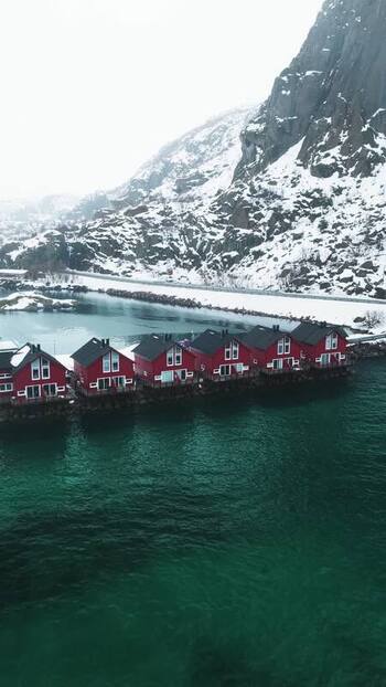 Aerial view of red buildings in Svolv&aelig;r Norway.