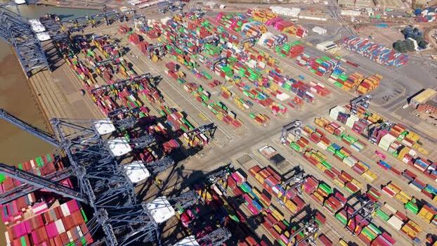 Aerial view of cranes and containers United Kingdom.