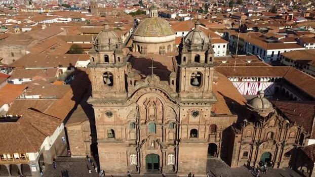 Aerial view of Church of the Society of Jesus in Cusco Peru.