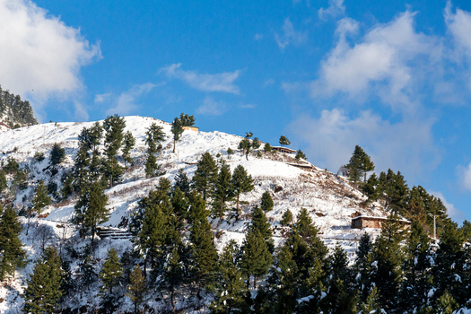 View of a snow kissed hill dotted with evergreen trees under a bright blue sky with scattered clouds a winter scene of serene beauty Pir Chanasi Azad Kashmir Pakistan.