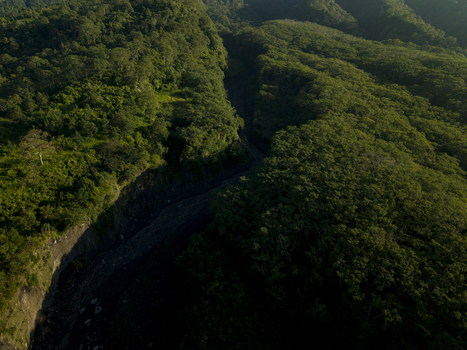 Aerial view of the lush green forest and deep volcanic ravine near Bunker Kaliadem Merapi under soft sunlight Kecamatan Pakem Daerah Istimewa Yogya Indonesia. Aerial view of the lush green forest and deep volcanic ravine near Bunker Kaliadem Merapi under soft sunlight Kecamatan Pakem Daerah Istimewa Yogya Indonesia.