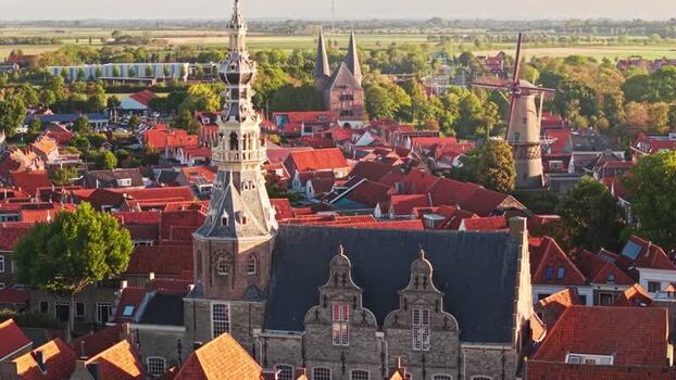 Aerial view of Zierikzee with church tower and windmill Netherlands.
