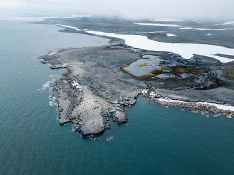 Svalbard and Jan Mayen 28 July 2025 Aerial view of the rugged arctic coastline with dark rocky formations patches of snow and small inland pools under a misty sky. Svalbard and Jan Mayen 28 July 2025 Aerial view of the rugged arctic coastline with dark rocky formations patches of snow and small inland pools under a misty sky.
