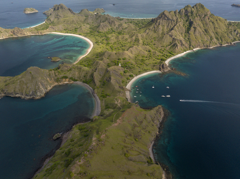 Aerial view of Padar Island featuring its iconic crescent shaped beaches turquoise bays and rugged green hills in Komodo East Nusa Tenggara Indonesia. Aerial view of Padar Island featuring its iconic crescent shaped beaches turquoise bays and rugged green hills in Komodo East Nusa Tenggara Indonesia.