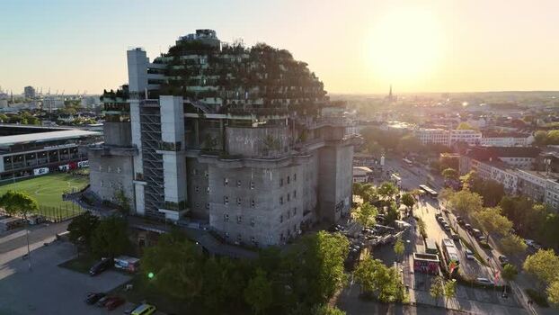 Aerial view of the green St. Pauli Bunker at sunset in Hamburg Germany. Aerial view of the green St. Pauli Bunker at sunset in Hamburg Germany.
