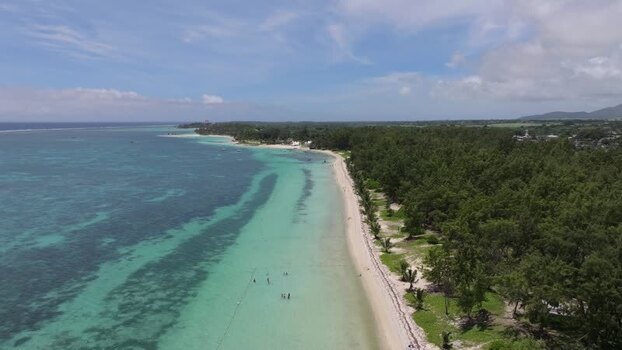 Aerial view of Belle Mare Beach in Quatre Cocos Mauritius.