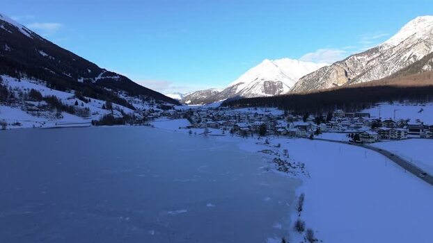 Aerial view of Reschensee lake in Graun im Vinschgau Italy. Aerial view of Reschensee lake in Graun im Vinschgau Italy.