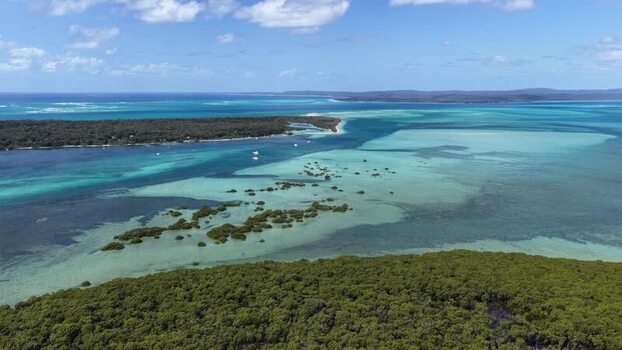 Aerial view of Day s Gutter sand bank in Moreton Island Australia.