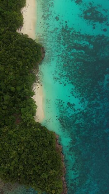 Aerial view of Fam Islands coastline and turquoise reef Indonesia.
