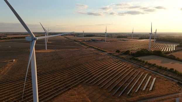 Aerial view of Chelveston solar and wind farm United Kingdom. Aerial view of Chelveston solar and wind farm United Kingdom.