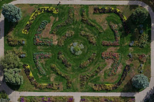 Aerial view of the geometric flower beds and manicured lawns at Cherry Creek in Denver Colorado United States. Aerial view of the geometric flower beds and manicured lawns at Cherry Creek in Denver Colorado United States.