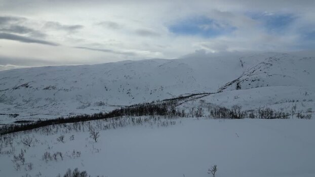 Aerial view of snowy mountains and trees in Kvaloya Norway.