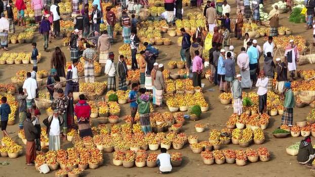 Aerial view of a crowded vegetable market in Sylhet Bangladesh.
