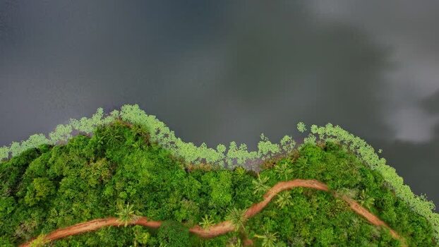 Aerial view of lush green shoreline and dirt path in Kenya. Aerial view of lush green shoreline and dirt path in Kenya.