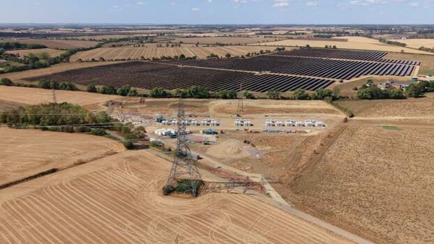 Aerial view of Eaton Socon Substation and solar farm United Kingdom.