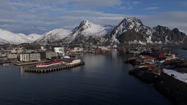 Aerial view of Svolvaer harbor in Lofoten Norway.