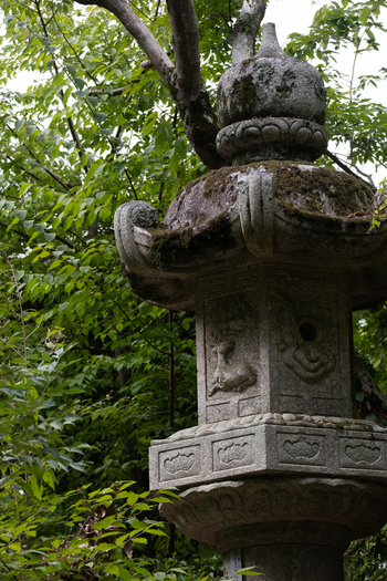 View of a weathered stone lantern adorned with carvings and moss stands serenely amidst a lush green forest casting shadows in Narita Chiba Japan. View of a weathered stone lantern adorned with carvings and moss stands serenely amidst a lush green forest casting shadows in Narita Chiba Japan.