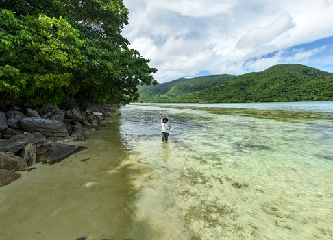 Aerial view of a person standing in the shallow turquoise waters of Bobby Beach framed by lush greenery and distant hills Karimunjawa Central Java Indonesia.