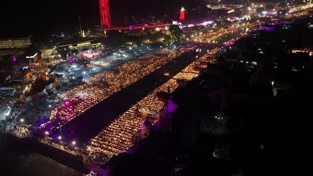 Aerial view of Deepotsav festival with lit diyas in Ayodhya India.