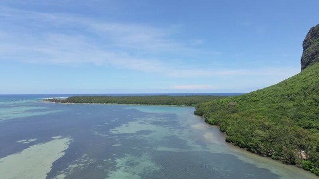 Aerial view of Le Morne Brabant and the coastline Mauritius.