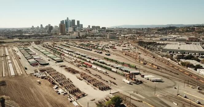 Aerial view of a rail yard and the city skyline United States. Aerial view of a rail yard and the city skyline United States.