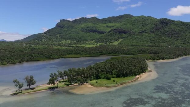 Aerial view of Le Morne Brabant mountain and coastline Mauritius.