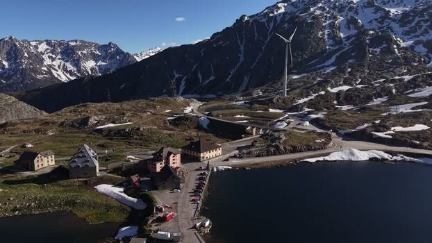 Aerial view of Hotel Passo San Gottardo and lake Switzerland. Aerial view of Hotel Passo San Gottardo and lake Switzerland.