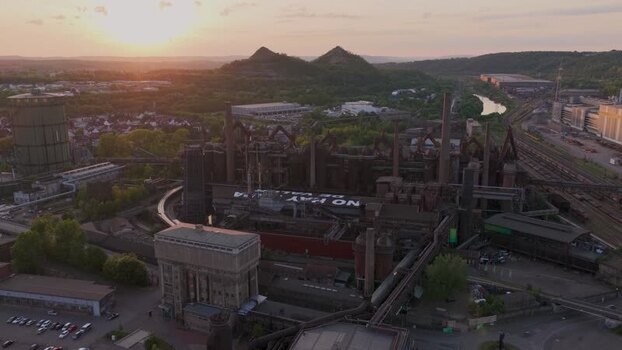 Aerial view of Volklingen Ironworks at sunset Germany.