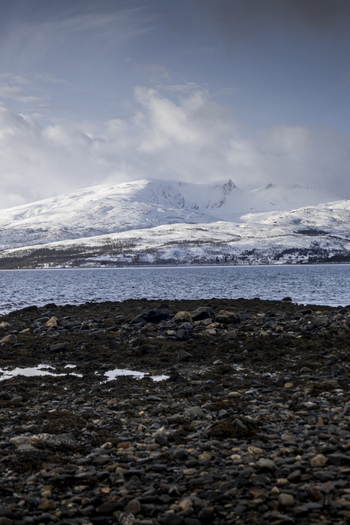 View of snow capped mountains and a rocky shoreline under a cloudy sky in Kvaloya Troms Norway. View of snow capped mountains and a rocky shoreline under a cloudy sky in Kvaloya Troms Norway.