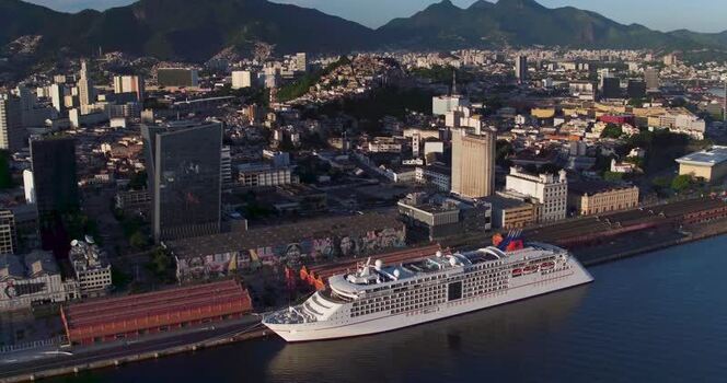 Aerial view of cruise ship docked in Rio de Janeiro Brazil.