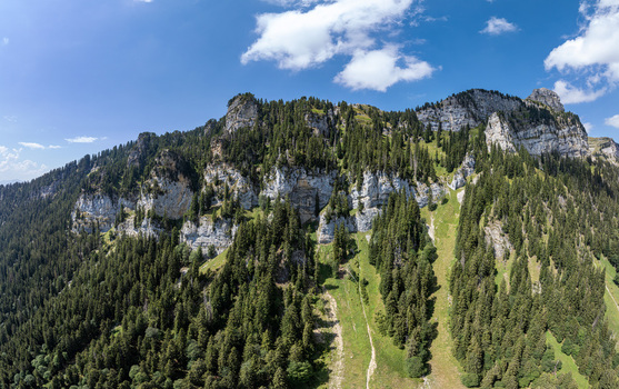 Aerial view of the rugged limestone cliffs of the Niederhorn mountain range in the Justistal valley featuring dense coniferous forests and steep rocky slopes in Sigriswil Bern Switzerland. Aerial view of the rugged limestone cliffs of the Niederhorn mountain range in the Justistal valley featuring dense coniferous forests and steep rocky slopes in Sigriswil Bern Switzerland.