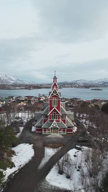 Aerial view of Buksnes Church Norway.