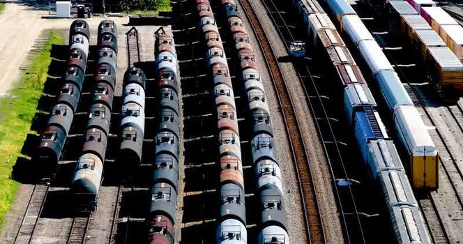 Aerial view of freight train cars in a rail yard United States. Aerial view of freight train cars in a rail yard United States.