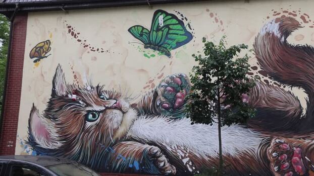 View of cat mural on a building wall Russia.
