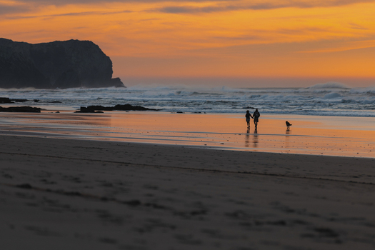 View of a beautiful sunset at the seashore with a couple and a dog Praia da Cordoama Sagres Algarve Portugal.