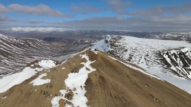 Aerial view of Moskardshnjukar Trail and snow capped peaks Iceland. Aerial view of Moskardshnjukar Trail and snow capped peaks Iceland.